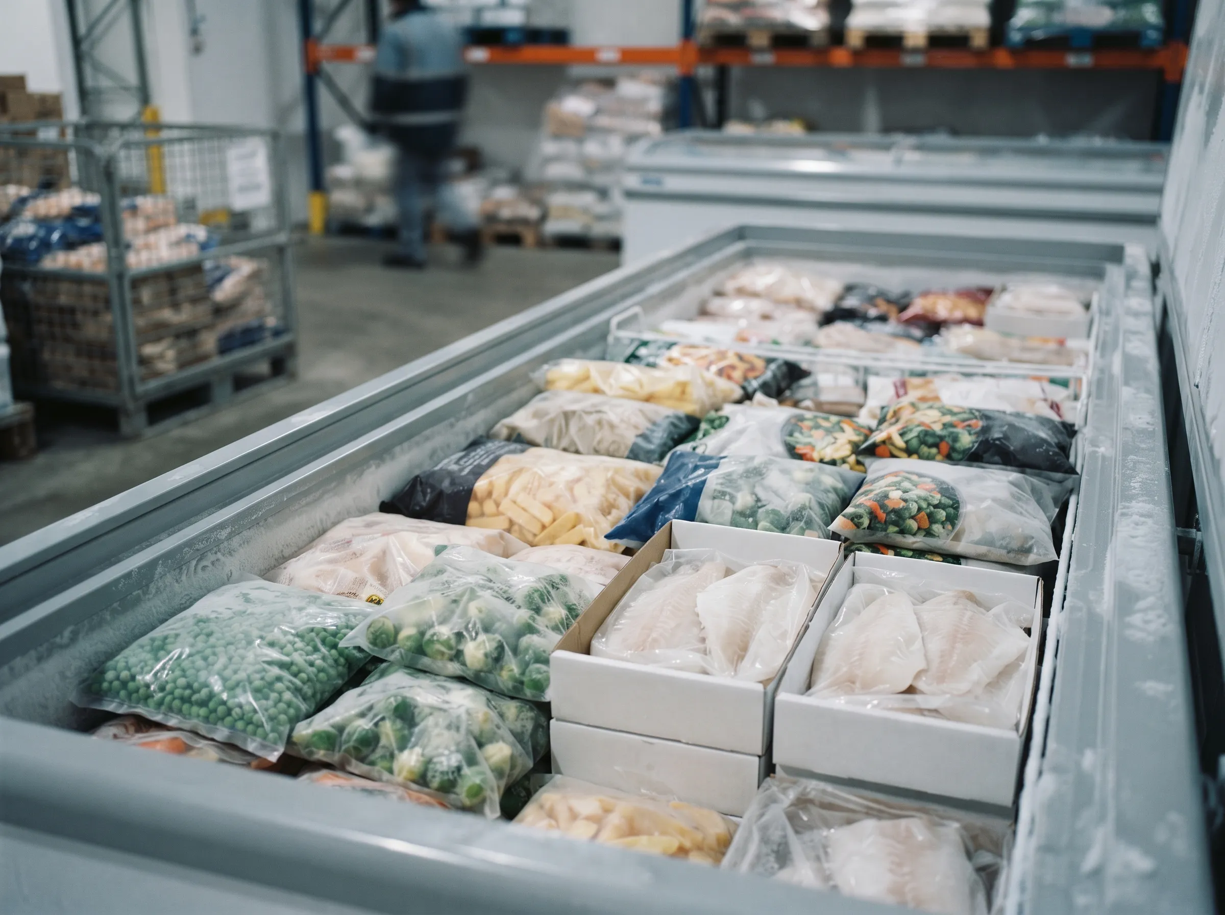 Frozen wholesale food products in commercial cold storage — king ribs, chip steak, breaded chicken and sides.