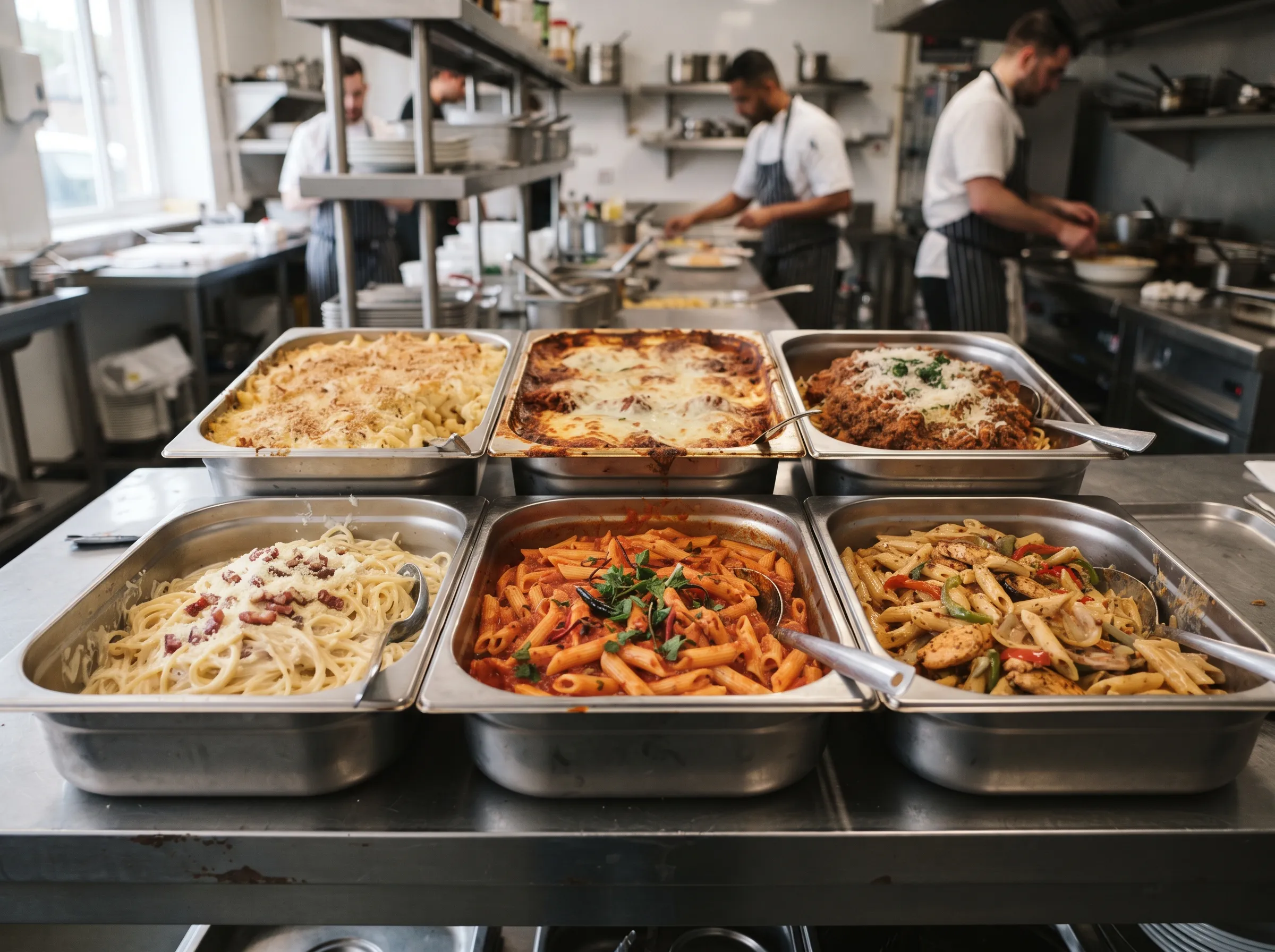 Prepared pasta dishes — macaroni cheese, lasagne, spag bol, carbonara, arrabiata and cajun.