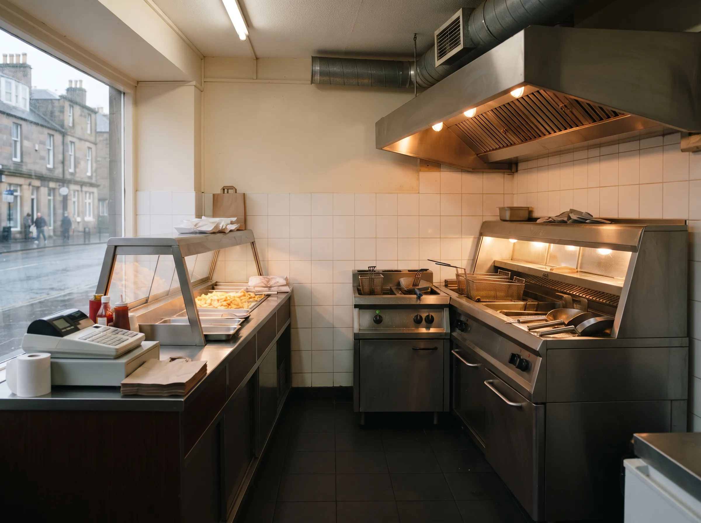 A generic independent fish and chip shop counter and fryer range, representing the trade John Carr & Son supplies across the west of Scotland.