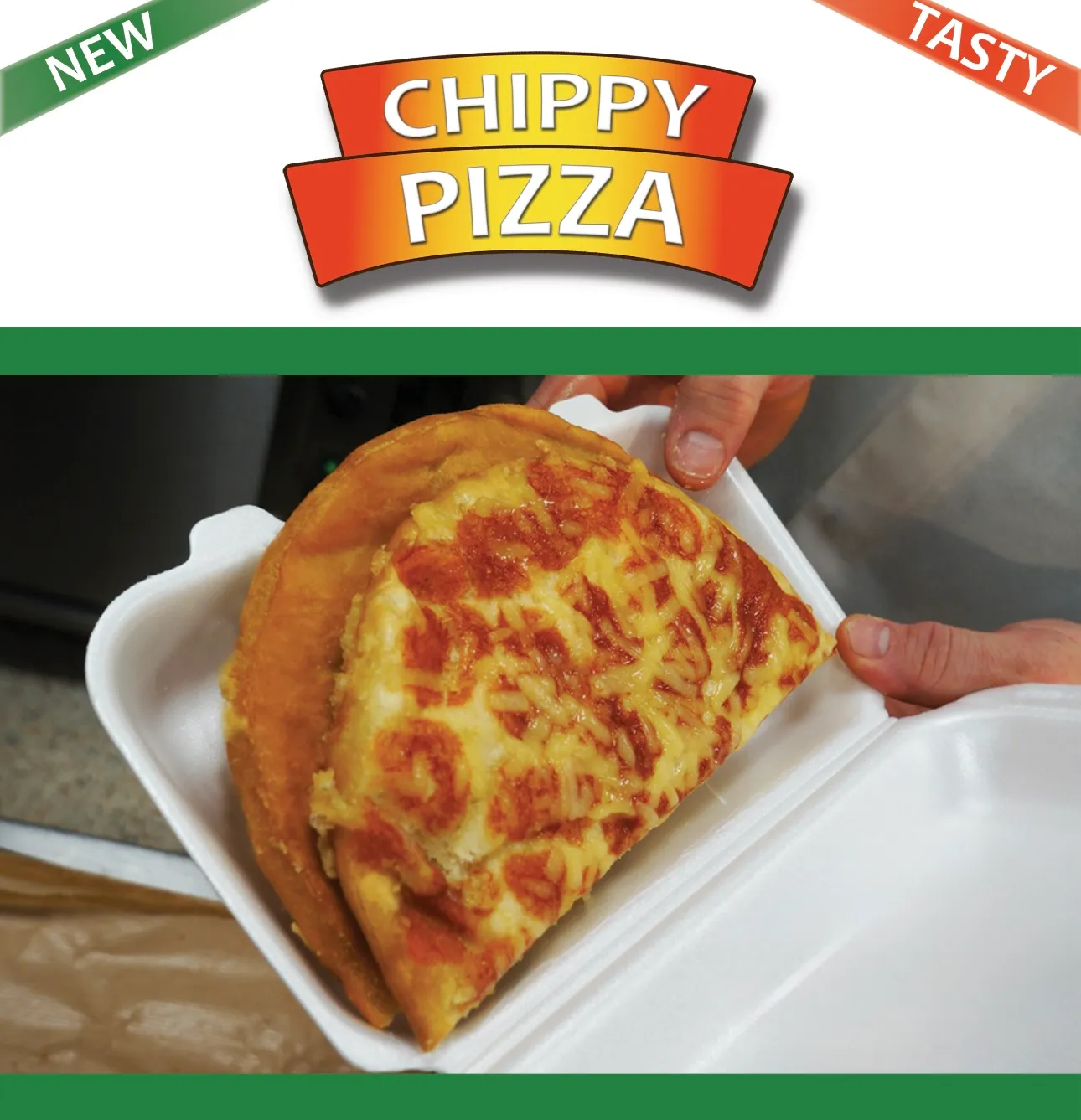 A Chippy Pizza product from Victor Pizza, shown in its takeaway packaging.